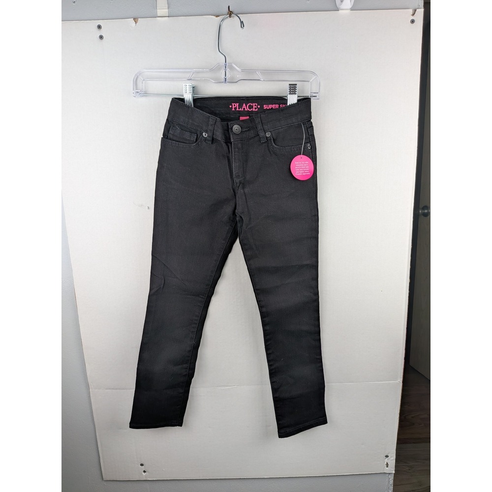 The Childrens Place Girls Super Skinny Jeans Black Denim Size 6 Adjustable Waist